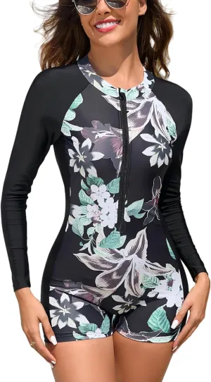 Womens Rash Guard Long Sleeve One Piece Swimsuits Zipper Front with Boy Shorts Swim Shirt Uv Protection UPF 50