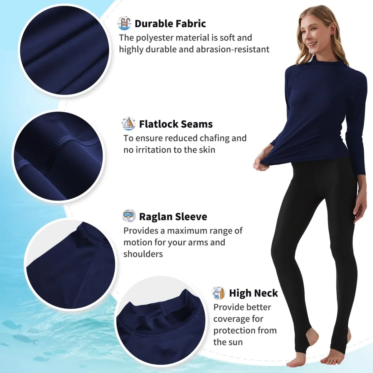 Womens Rash Guard Long Sleeve UPF 50  UV Swim Shirt Quick Dry Sun Protection Water Rashguard Tops for Surfing