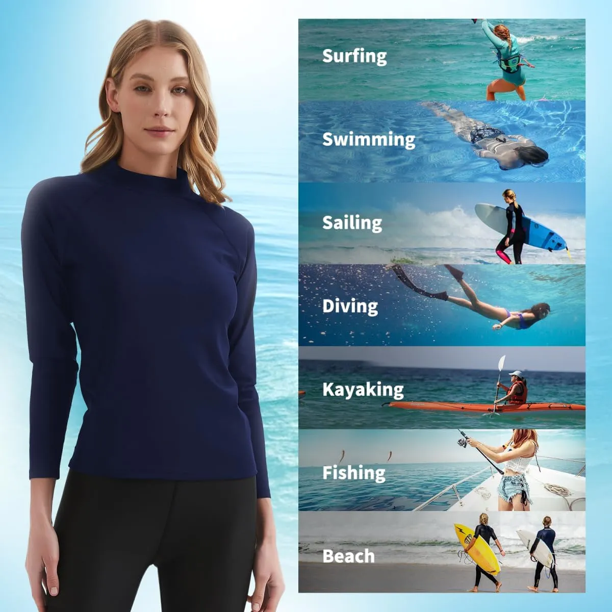 Womens Rash Guard Long Sleeve UPF 50  UV Swim Shirt Quick Dry Sun Protection Water Rashguard Tops for Surfing