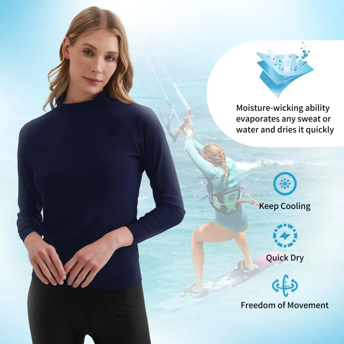 Womens Rash Guard Long Sleeve UPF 50  UV Swim Shirt Quick Dry Sun Protection Water Rashguard Tops for Surfing
