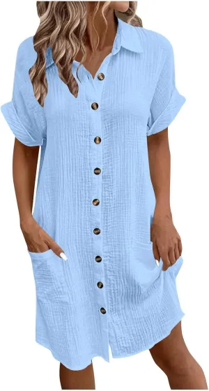 Women's Summer Cotton Shirt Dress Short Sleeves Button Down Knee Length Dresses Casual Loose Mini Dress with Pockets