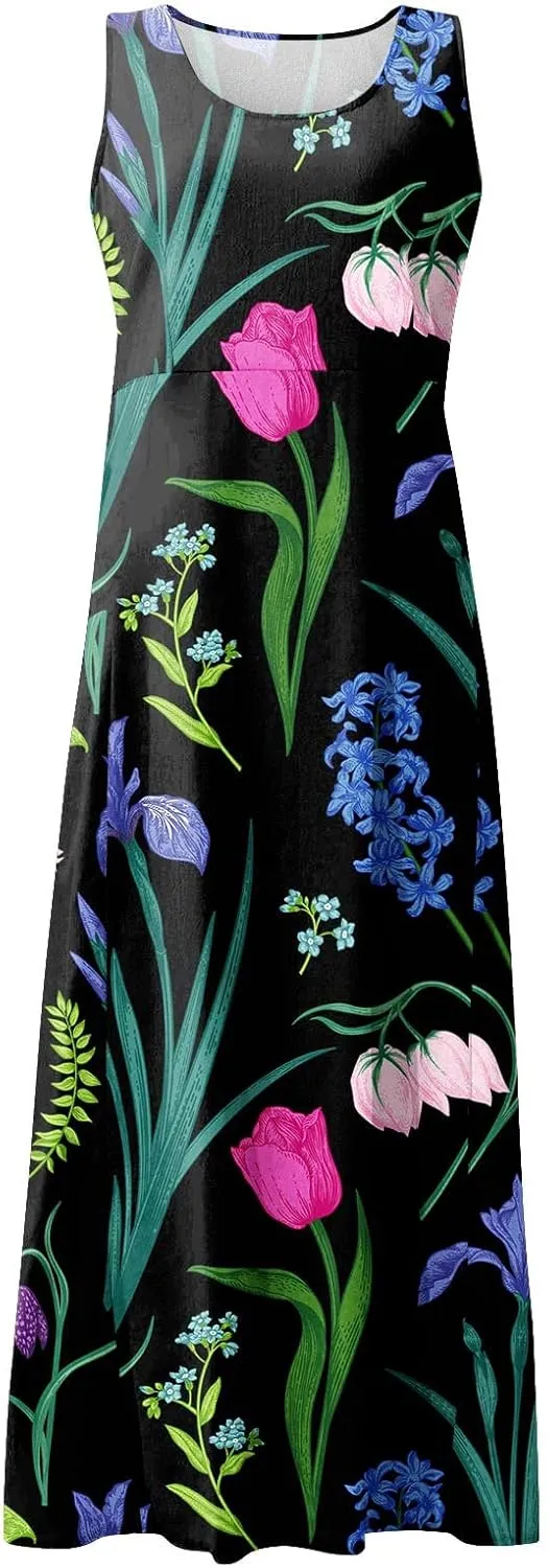 Womens Summer Dresses 2025 Sleeveless Scoop Neck Lightweight Loose Maxi Dress Casual A-Line Swing Long Sundress