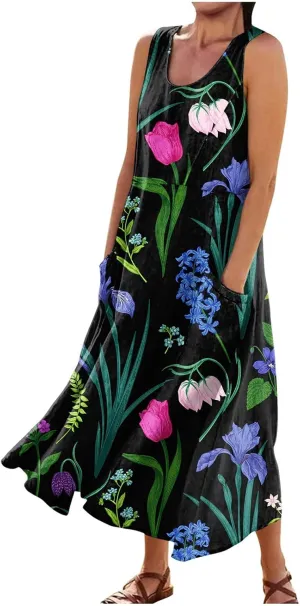 Womens Summer Dresses 2025 Sleeveless Scoop Neck Lightweight Loose Maxi Dress Casual A-Line Swing Long Sundress