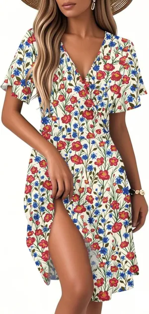 Womens Sundress Summer Casual Swing Floral Short Sleeve Beach Vacation Dresses Wrap V Neck A-Line Midi Dress 2025