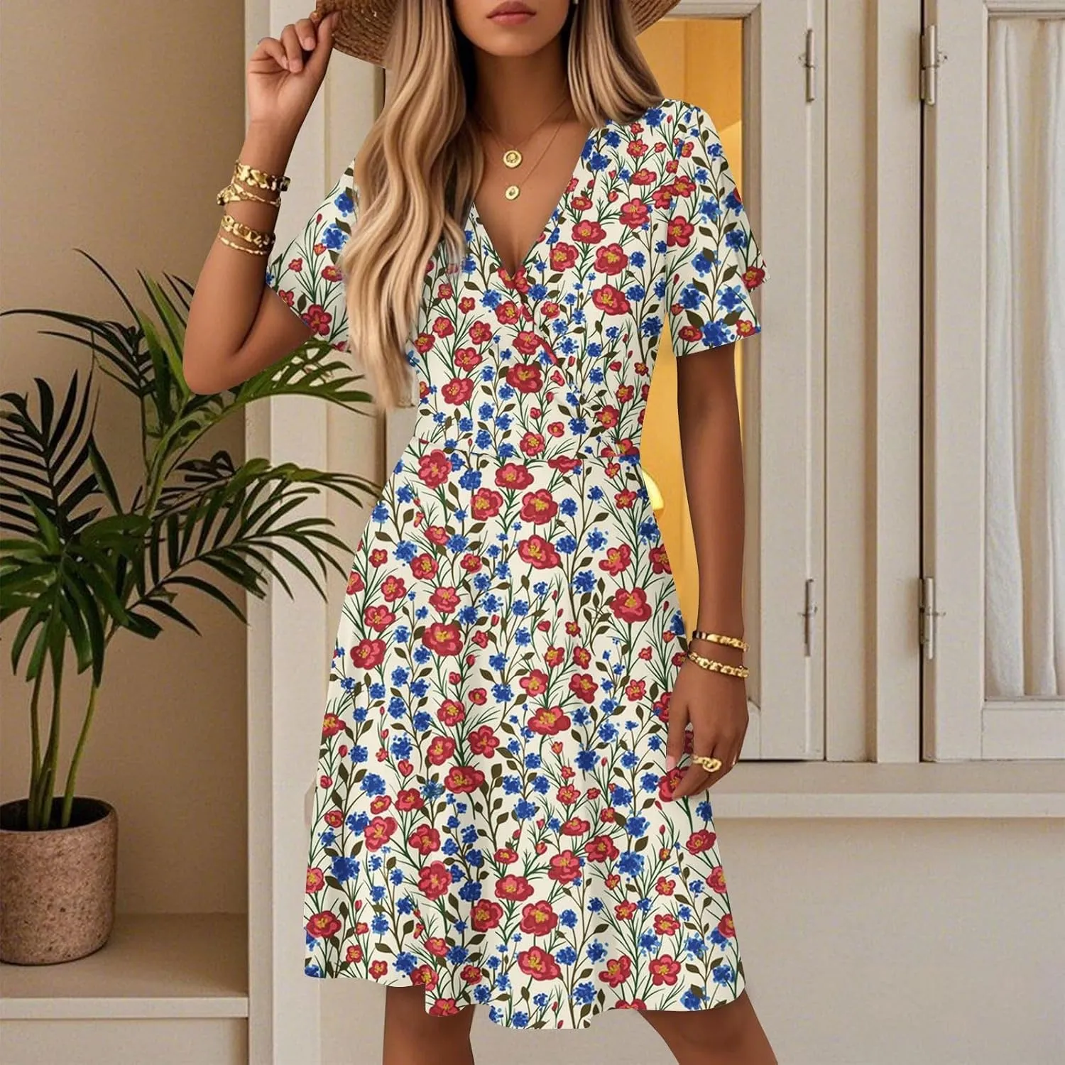 Womens Sundress Summer Casual Swing Floral Short Sleeve Beach Vacation Dresses Wrap V Neck A-Line Midi Dress 2025