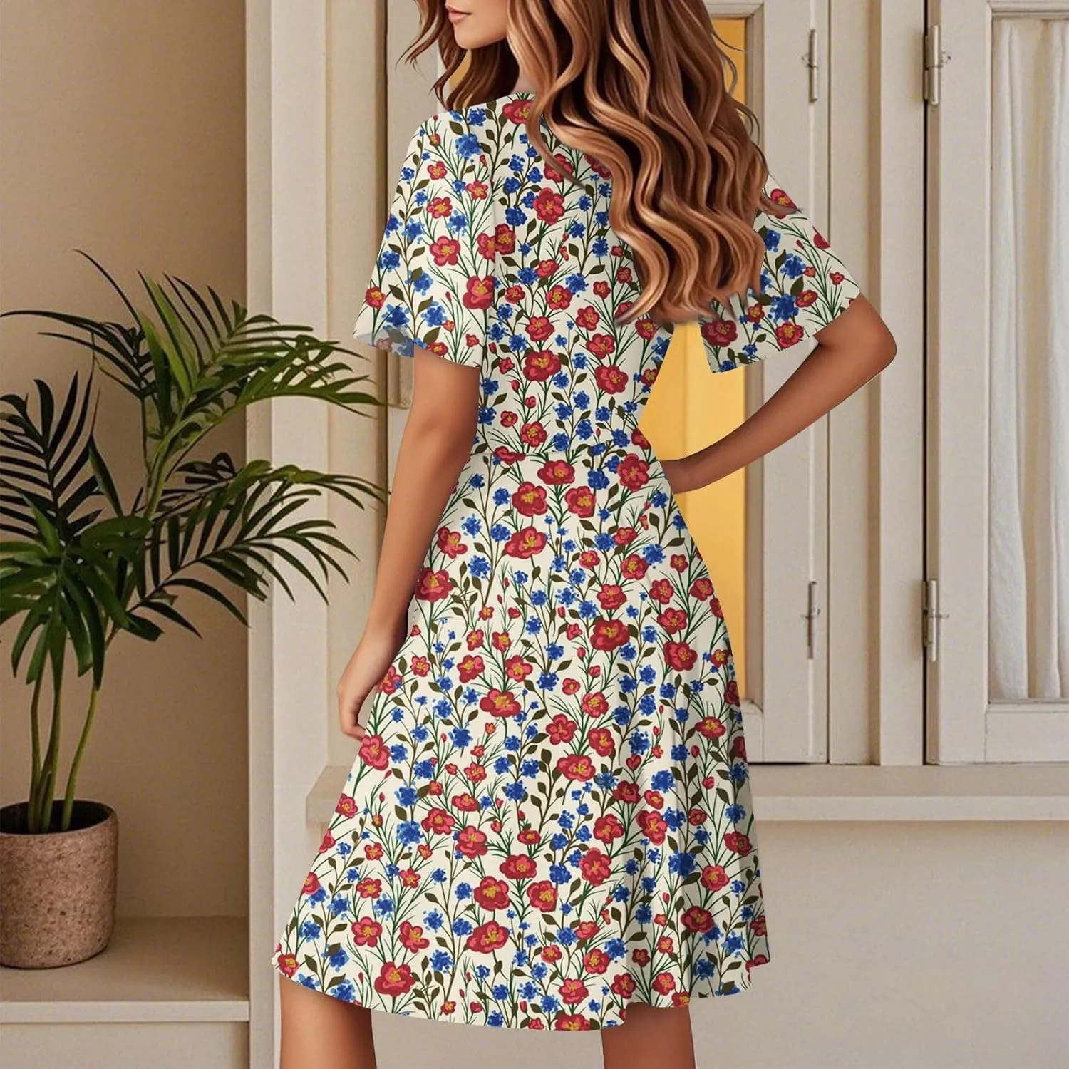 Womens Sundress Summer Casual Swing Floral Short Sleeve Beach Vacation Dresses Wrap V Neck A-Line Midi Dress 2025