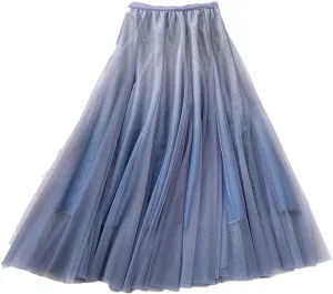 WomenS Tulle Skirt Midi Elastic High Waist Pleated Mesh Flowy A-Line Party Long Skirts