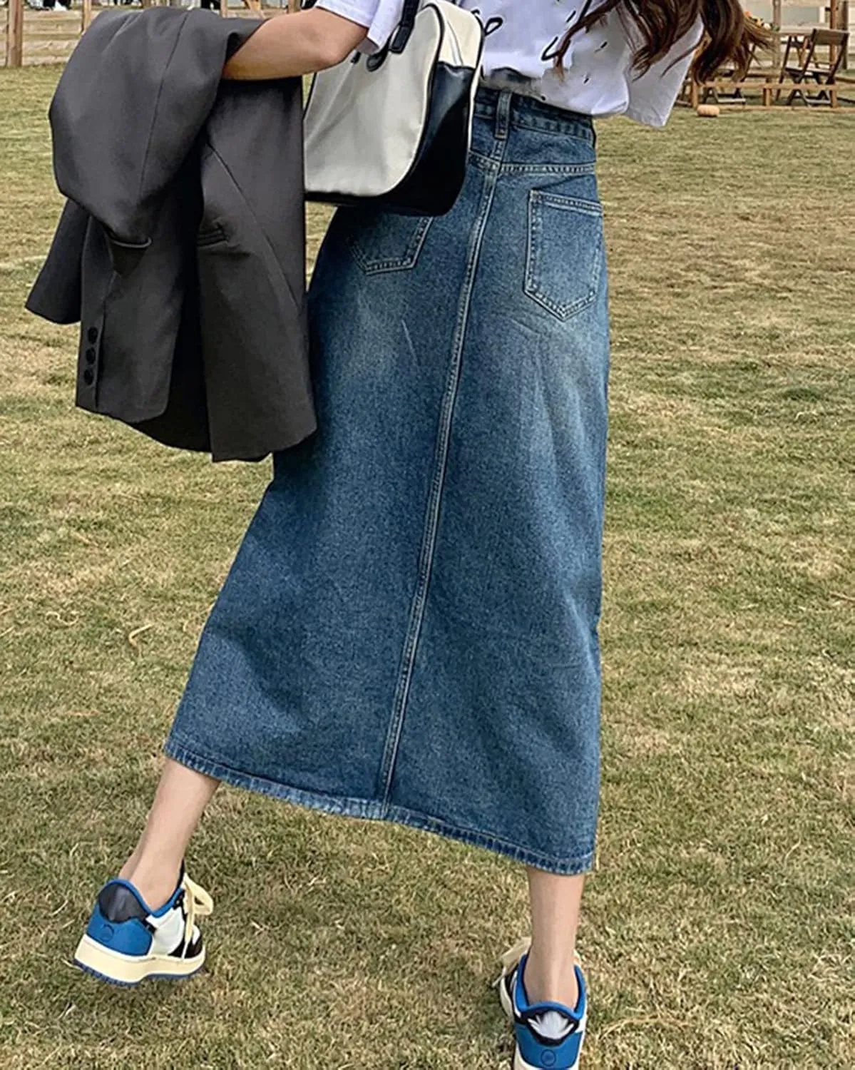 Women's Vintage High Waisted Denim Skirt Ladies Midi Jean Skirts with Pockets