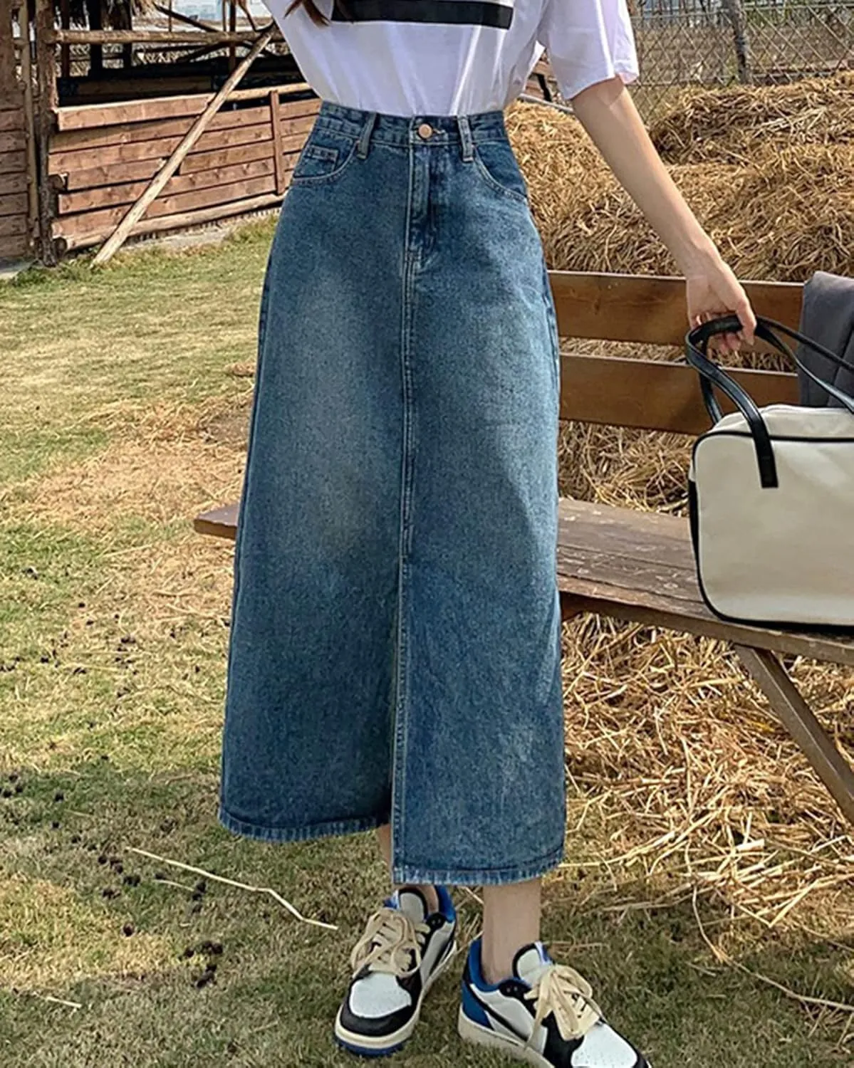 Women's Vintage High Waisted Denim Skirt Ladies Midi Jean Skirts with Pockets