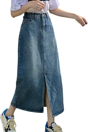 Women's Vintage High Waisted Denim Skirt Ladies Midi Jean Skirts with Pockets