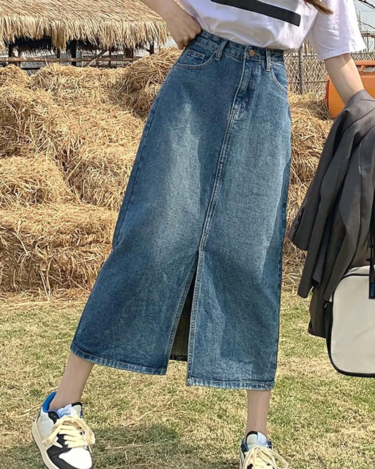 Women's Vintage High Waisted Denim Skirt Ladies Midi Jean Skirts with Pockets