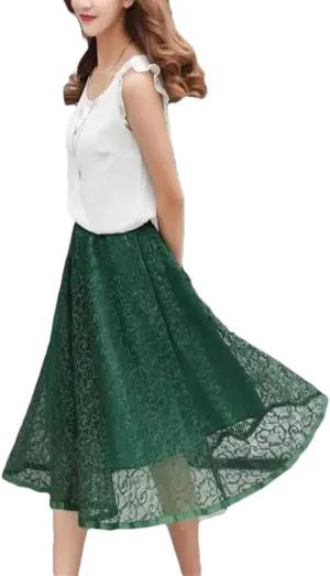 Womens Vintage Midi Skirts Womens Summer Elastic High Waist Mesh Skirt Womens Long Pleated A-Line Skirt