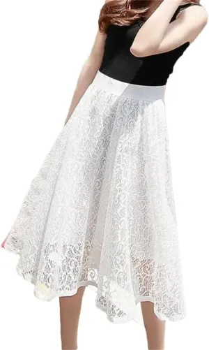 Womens Vintage Midi Skirts Womens Summer Elastic High Waist Mesh Skirt Womens Long Pleated A-Line Skirt