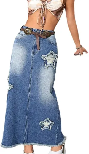 Women's Vintage Ripped Tassel Denim Skirt with Pockets High Waisted Back Slit Fringed Jeans Maxi Skirt