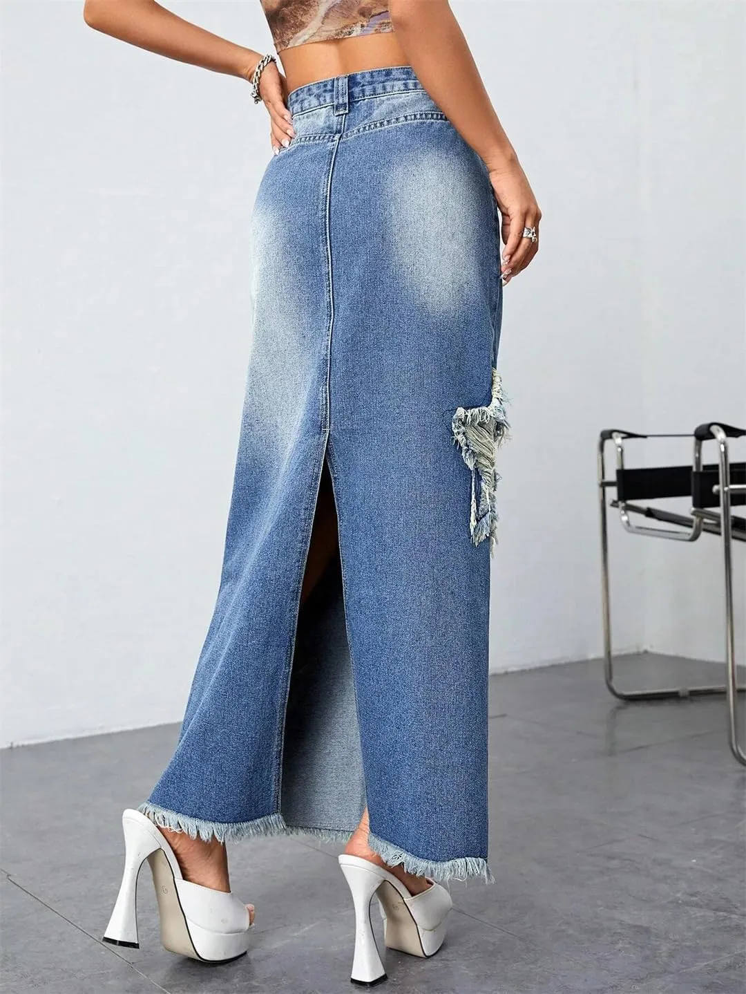 Women's Vintage Ripped Tassel Denim Skirt with Pockets High Waisted Back Slit Fringed Jeans Maxi Skirt