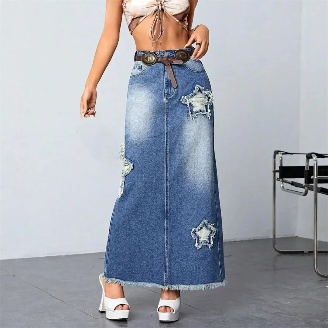 Women's Vintage Ripped Tassel Denim Skirt with Pockets High Waisted Back Slit Fringed Jeans Maxi Skirt
