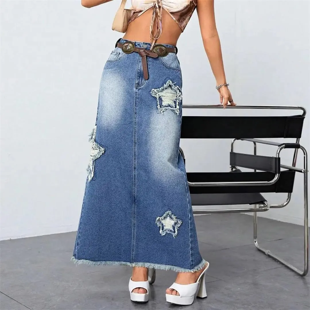 Women's Vintage Ripped Tassel Denim Skirt with Pockets High Waisted Back Slit Fringed Jeans Maxi Skirt