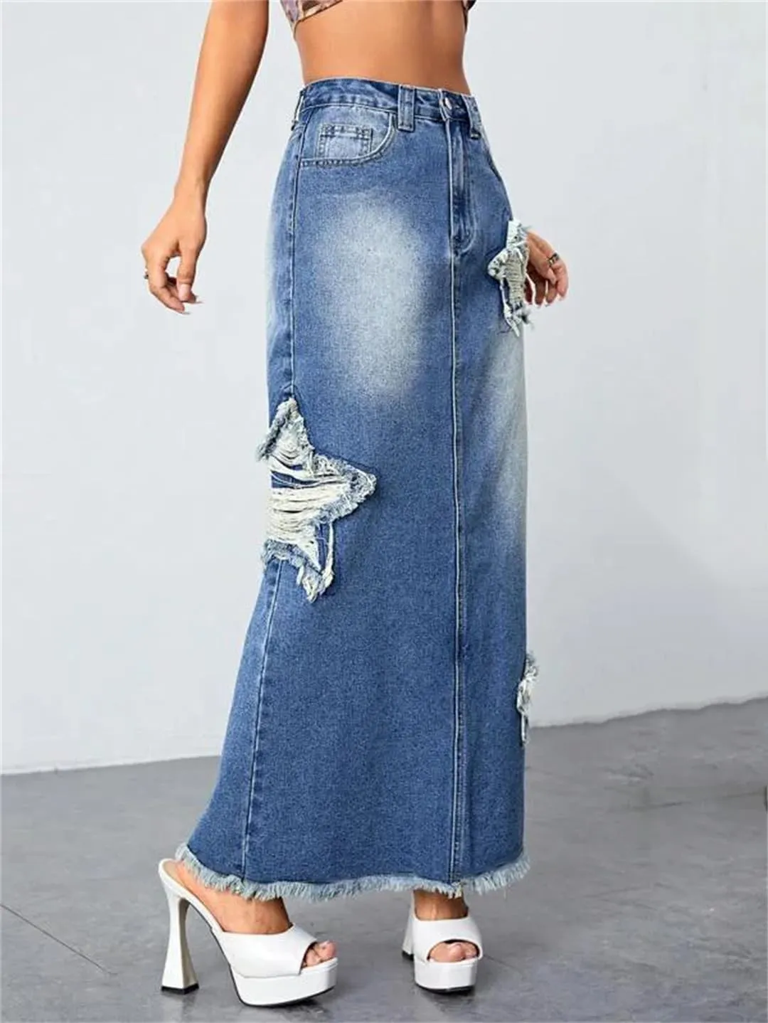 Women's Vintage Ripped Tassel Denim Skirt with Pockets High Waisted Back Slit Fringed Jeans Maxi Skirt