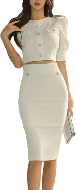 WomenS White Two Piece Set Short Top with Pencil Skirt Spring Office Casual Wear Slim Fit Stretch Fabric