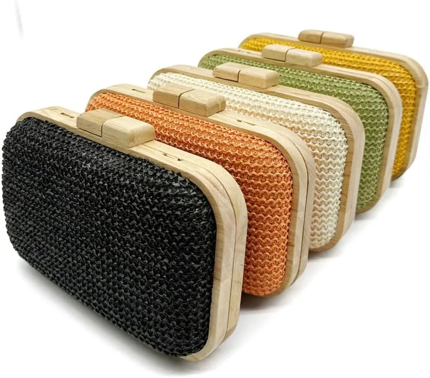 Wooden Clutch Purse for Women Straw Woven Evening Bag 2025 Bright Color Straw Handbag Chain Shoulder Bag for Party Prom