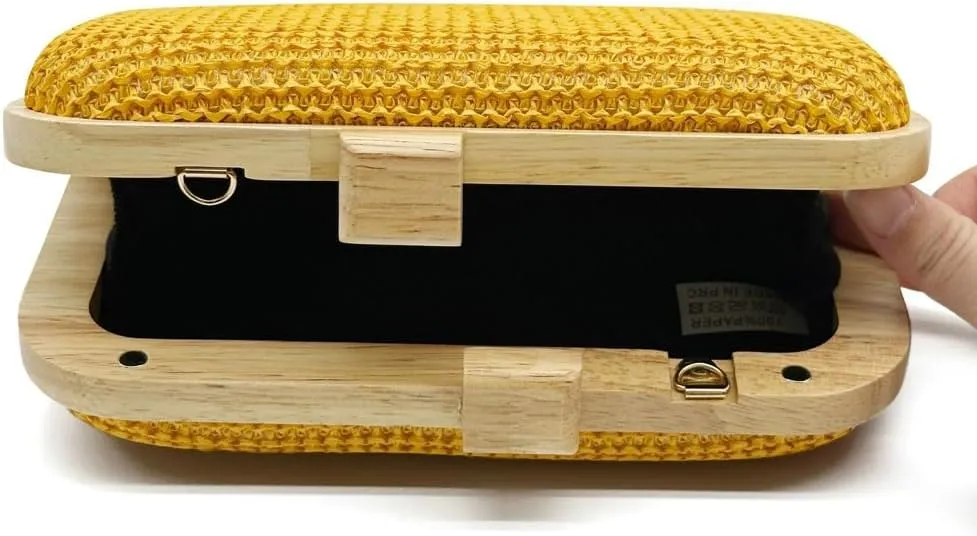 Wooden Clutch Purse for Women Straw Woven Evening Bag 2025 Bright Color Straw Handbag Chain Shoulder Bag for Party Prom