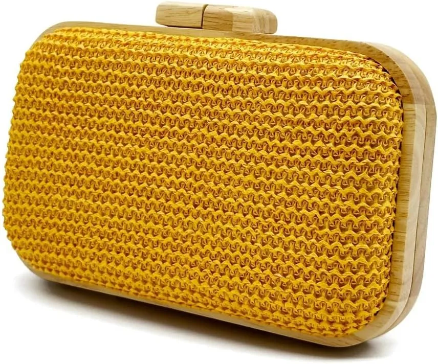 Wooden Clutch Purse for Women Straw Woven Evening Bag 2025 Bright Color Straw Handbag Chain Shoulder Bag for Party Prom