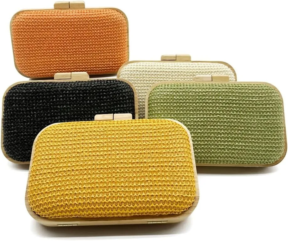 Wooden Clutch Purse for Women Straw Woven Evening Bag 2025 Bright Color Straw Handbag Chain Shoulder Bag for Party Prom