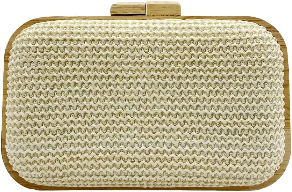 Wooden Clutch Purse for Women Straw Woven Evening Bag 2025 Bright Color Straw Handbag Chain Shoulder Bag for Party Prom