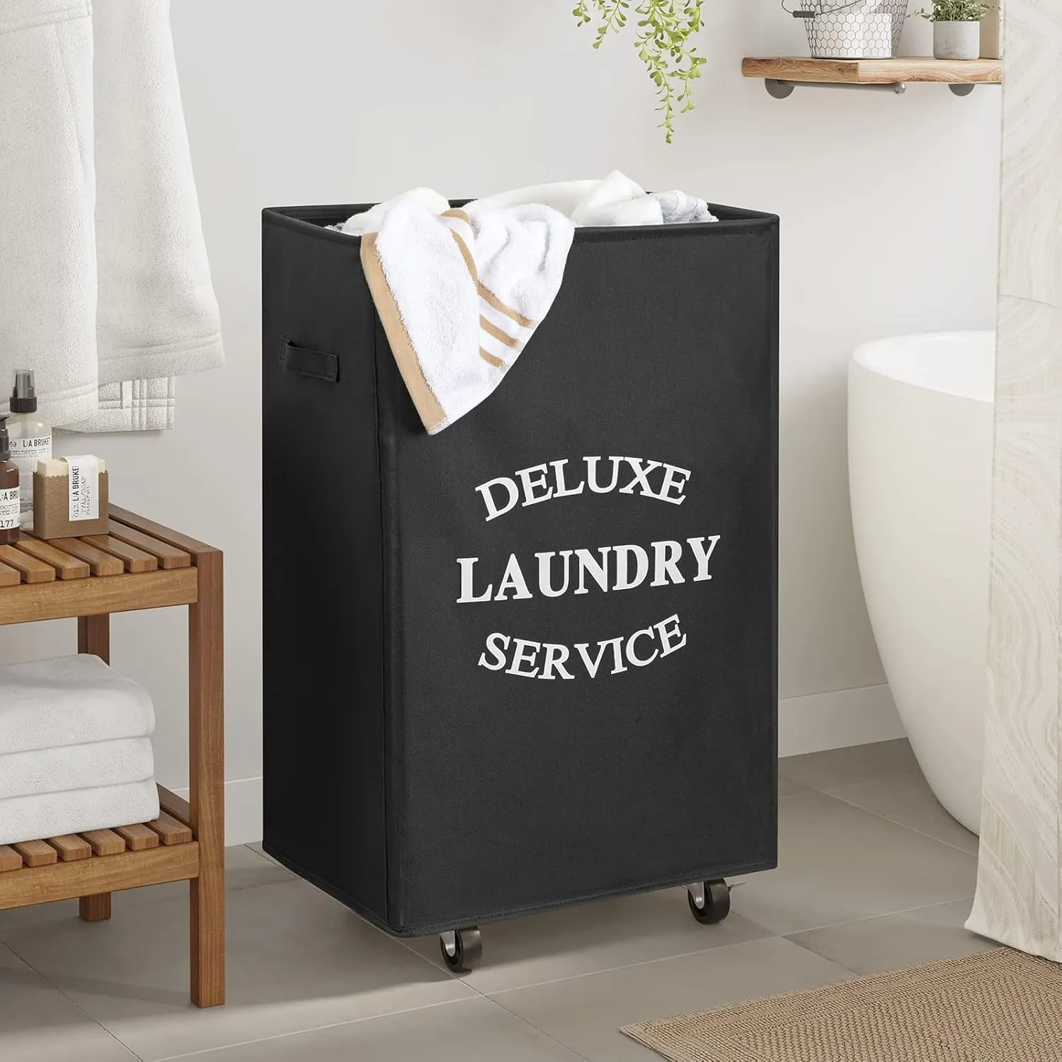 WOWLIVE Large Rolling Laundry Basket Wheels 90L Collapsible Tall Laundry Hamper Handle Foldable Dirty Clothing Basket Fold up Rectangular Hampers for Laundry Dorm Room (Black)