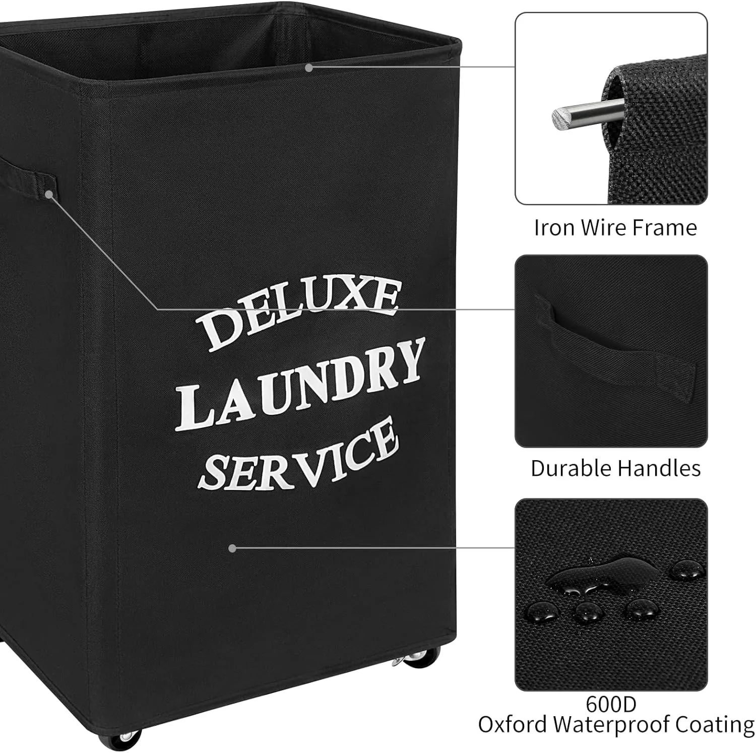 WOWLIVE Large Rolling Laundry Basket Wheels 90L Collapsible Tall Laundry Hamper Handle Foldable Dirty Clothing Basket Fold up Rectangular Hampers for Laundry Dorm Room (Black)
