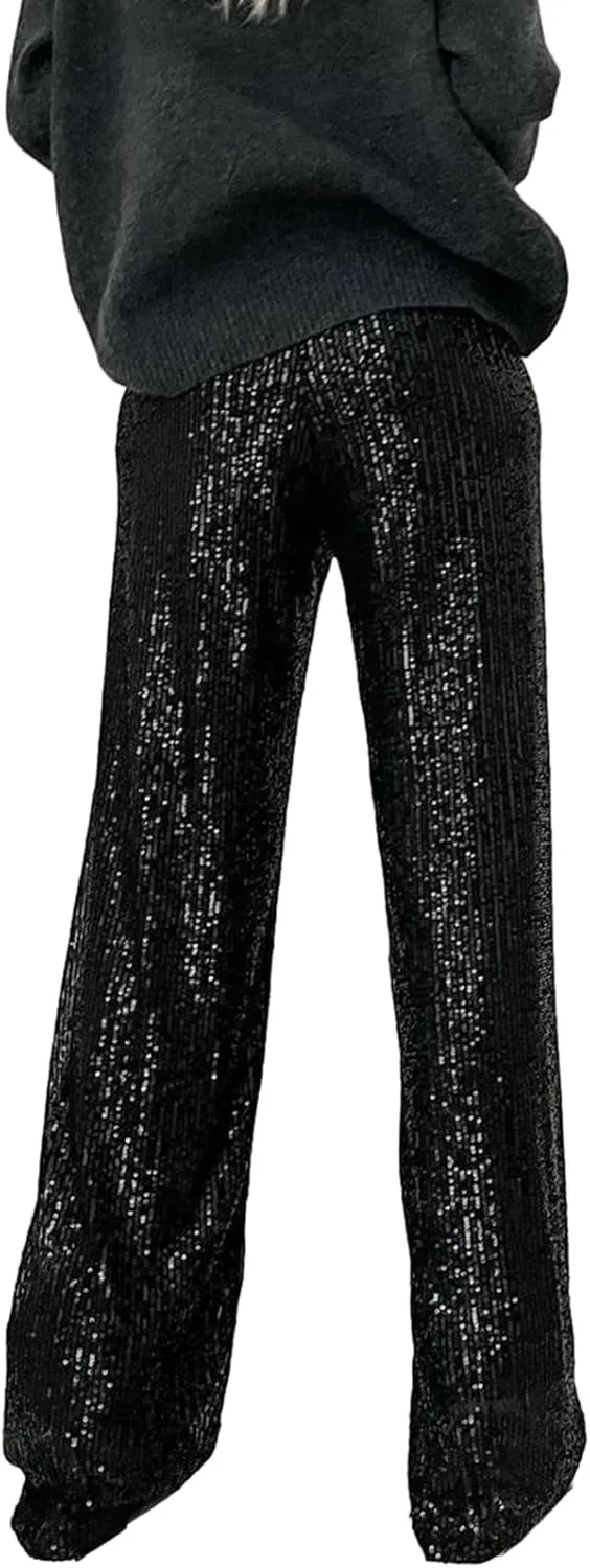 XBTCLXEBCO Sequin Wide Leg Pants for Women High Waist Loose Shiny Glitter Palazzo Pants Sparkle Trousers Disco Clubwear