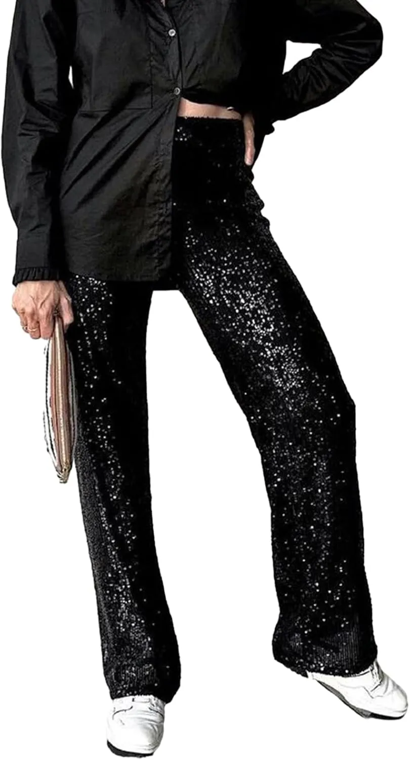 XBTCLXEBCO Sequin Wide Leg Pants for Women High Waist Loose Shiny Glitter Palazzo Pants Sparkle Trousers Disco Clubwear