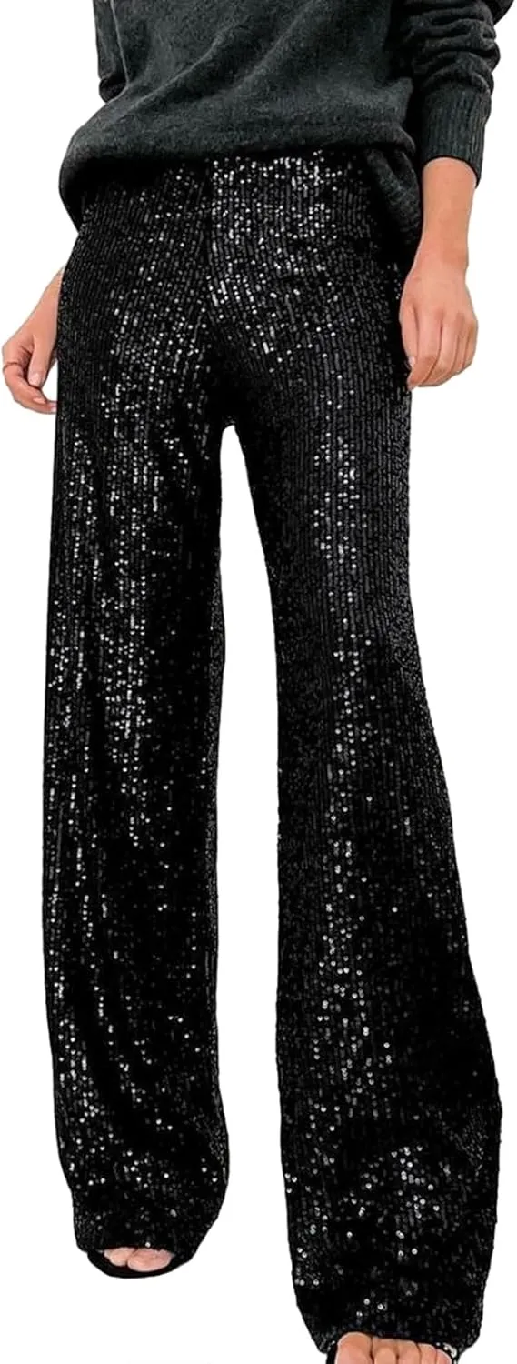 XBTCLXEBCO Sequin Wide Leg Pants for Women High Waist Loose Shiny Glitter Palazzo Pants Sparkle Trousers Disco Clubwear