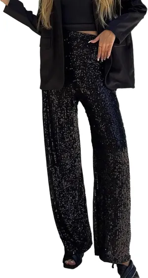 XBTCLXEBCO Sequin Wide Leg Pants for Women High Waist Loose Shiny Glitter Palazzo Pants Sparkle Trousers Disco Clubwear