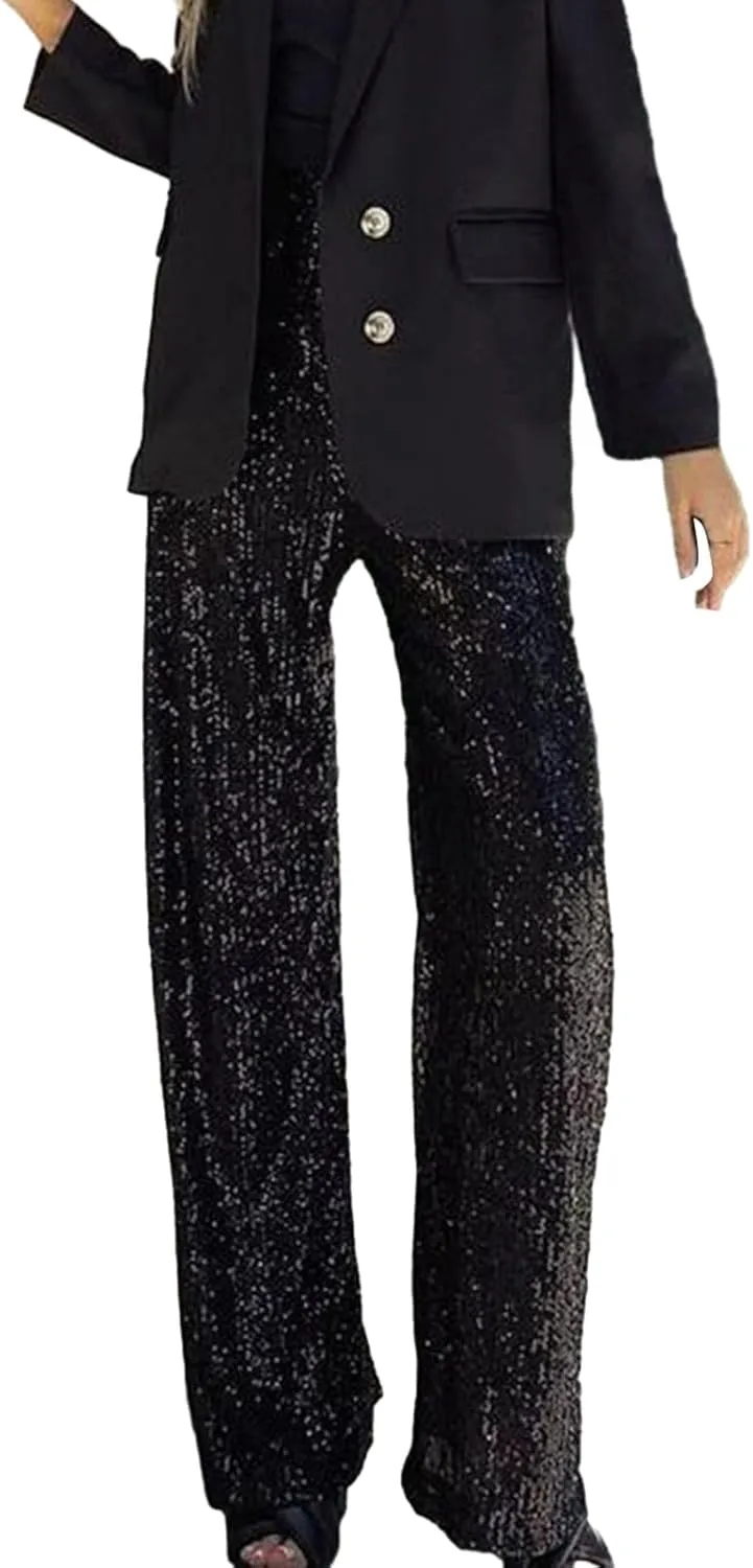 XBTCLXEBCO Sequin Wide Leg Pants for Women High Waist Loose Shiny Glitter Palazzo Pants Sparkle Trousers Disco Clubwear