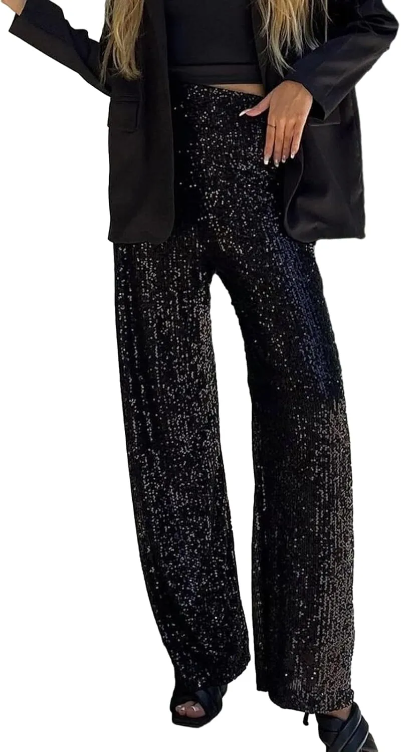 XBTCLXEBCO Sequin Wide Leg Pants for Women High Waist Loose Shiny Glitter Palazzo Pants Sparkle Trousers Disco Clubwear