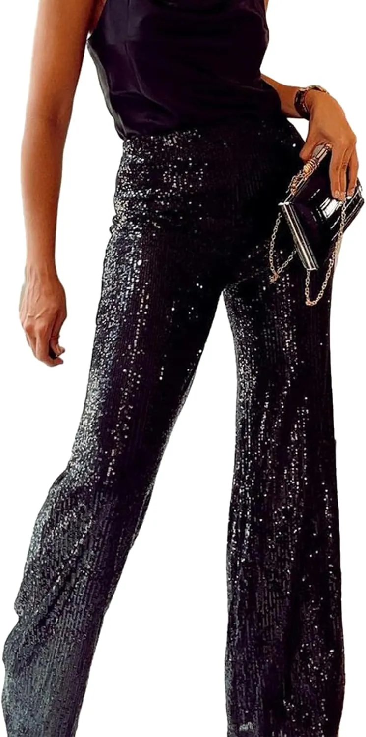 XBTCLXEBCO Sequin Wide Leg Pants for Women High Waist Loose Shiny Glitter Palazzo Pants Sparkle Trousers Disco Clubwear