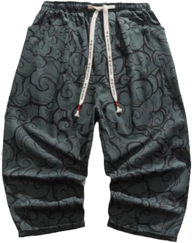Xingfenly Chinese Pants Joggers Men' Summer Harem Men Print Short Style Calf-Length Casual Baggy Shorts