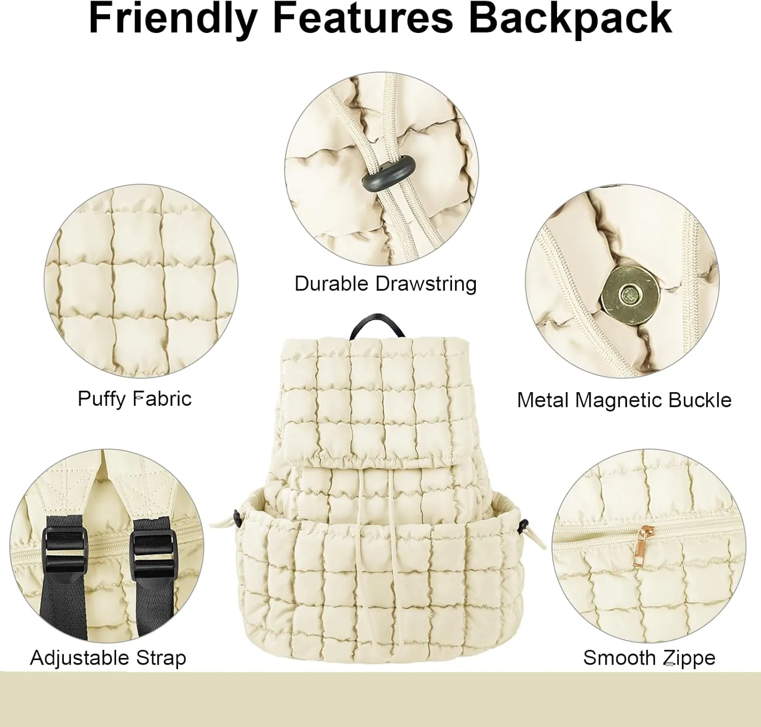 XSUIOY Quilted Backpack Purse for Women Small Lightweight Puffer Puffy College Laptop Backpack Nylon Casual Bookbag Daypack Top Flap Drawstring Padding Hiker Travel Gym Backpack(Beige)