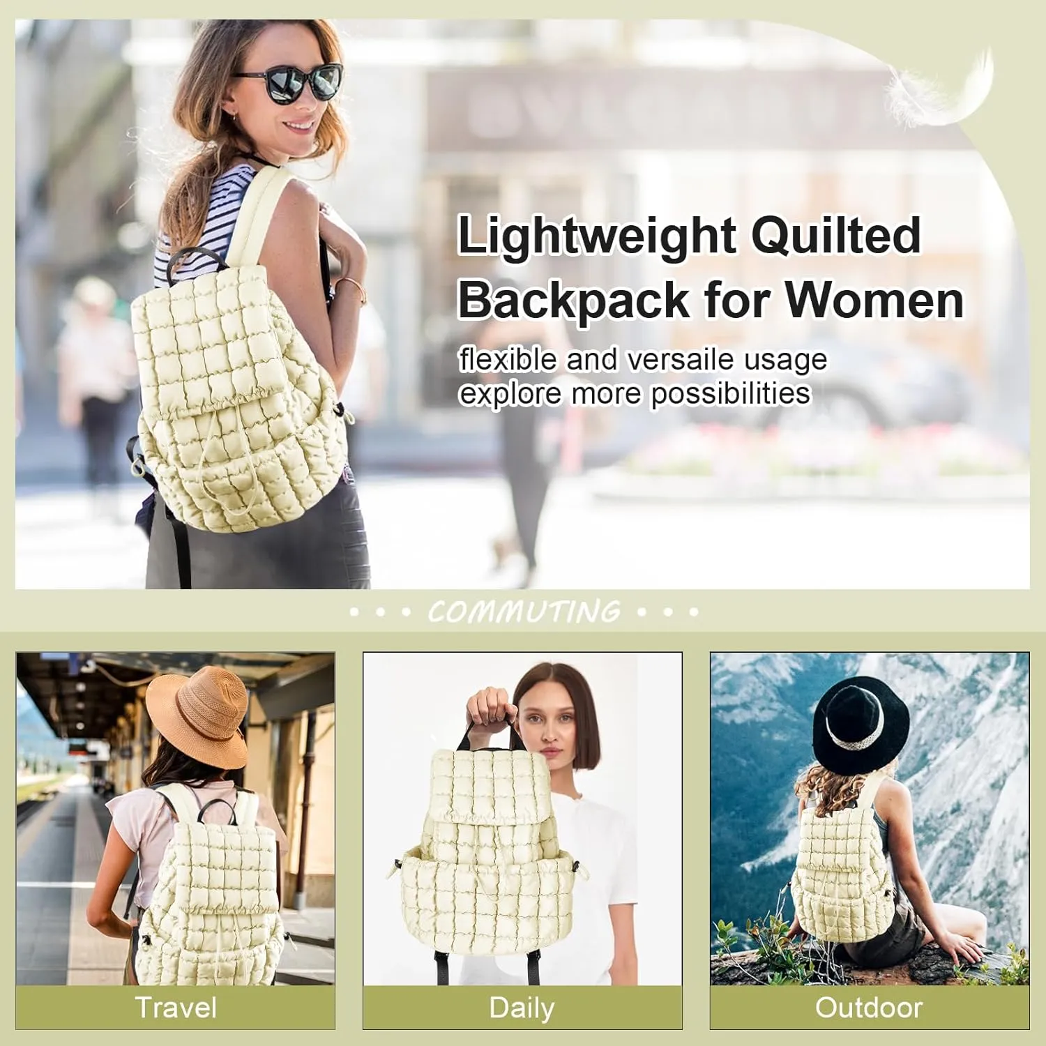 XSUIOY Quilted Backpack Purse for Women Small Lightweight Puffer Puffy College Laptop Backpack Nylon Casual Bookbag Daypack Top Flap Drawstring Padding Hiker Travel Gym Backpack(Beige)