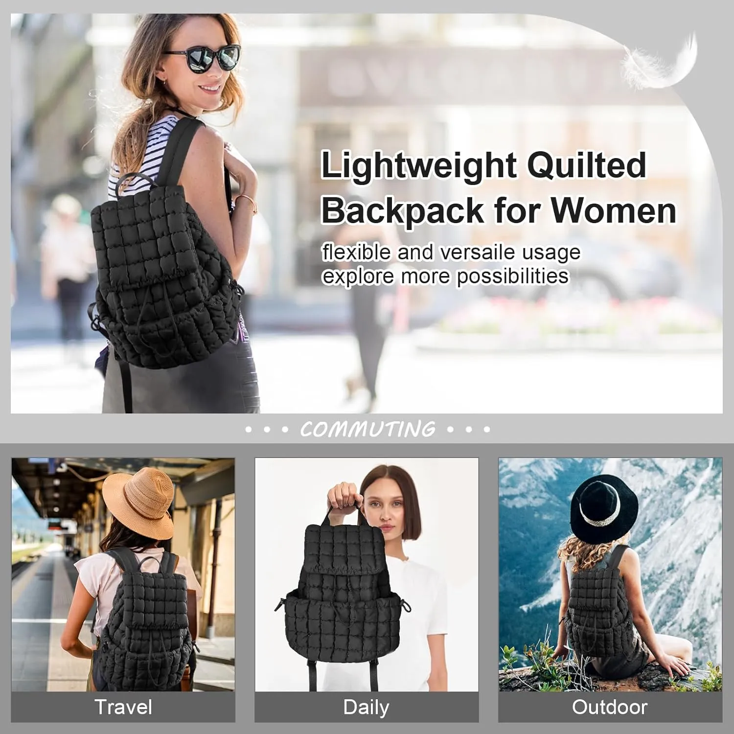 XSUIOY Quilted Backpack Purse for Women Small Lightweight Puffer Puffy College Laptop Backpack Nylon Casual Bookbag Daypack Top Flap Drawstring Padding Hiker Travel Gym Backpack(Black)