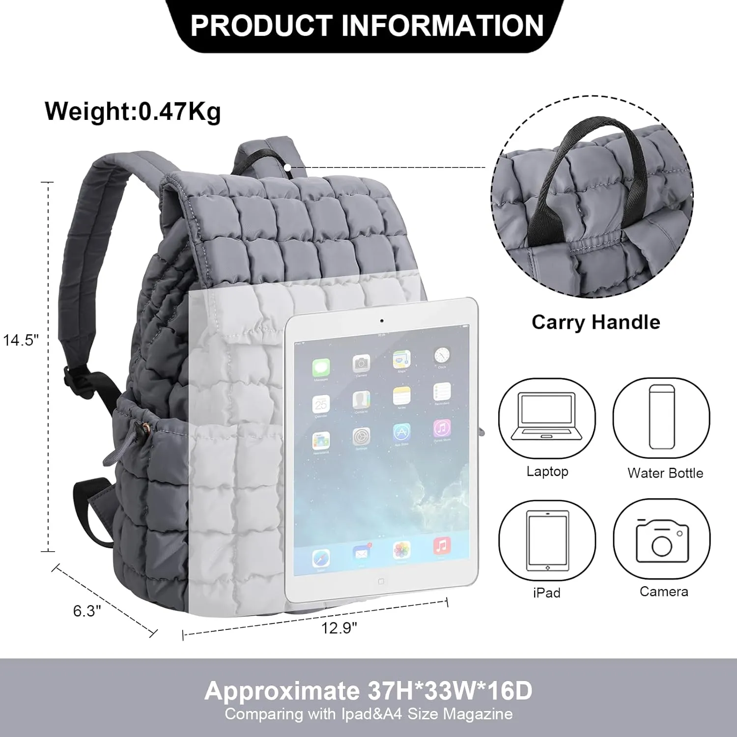 XSUIOY Quilted Backpack Purse for Women Small Lightweight Puffer Puffy College Laptop Backpack Nylon Casual Bookbag Daypack Top Flap Drawstring Padding Hiker Travel Gym Backpack(Grey)