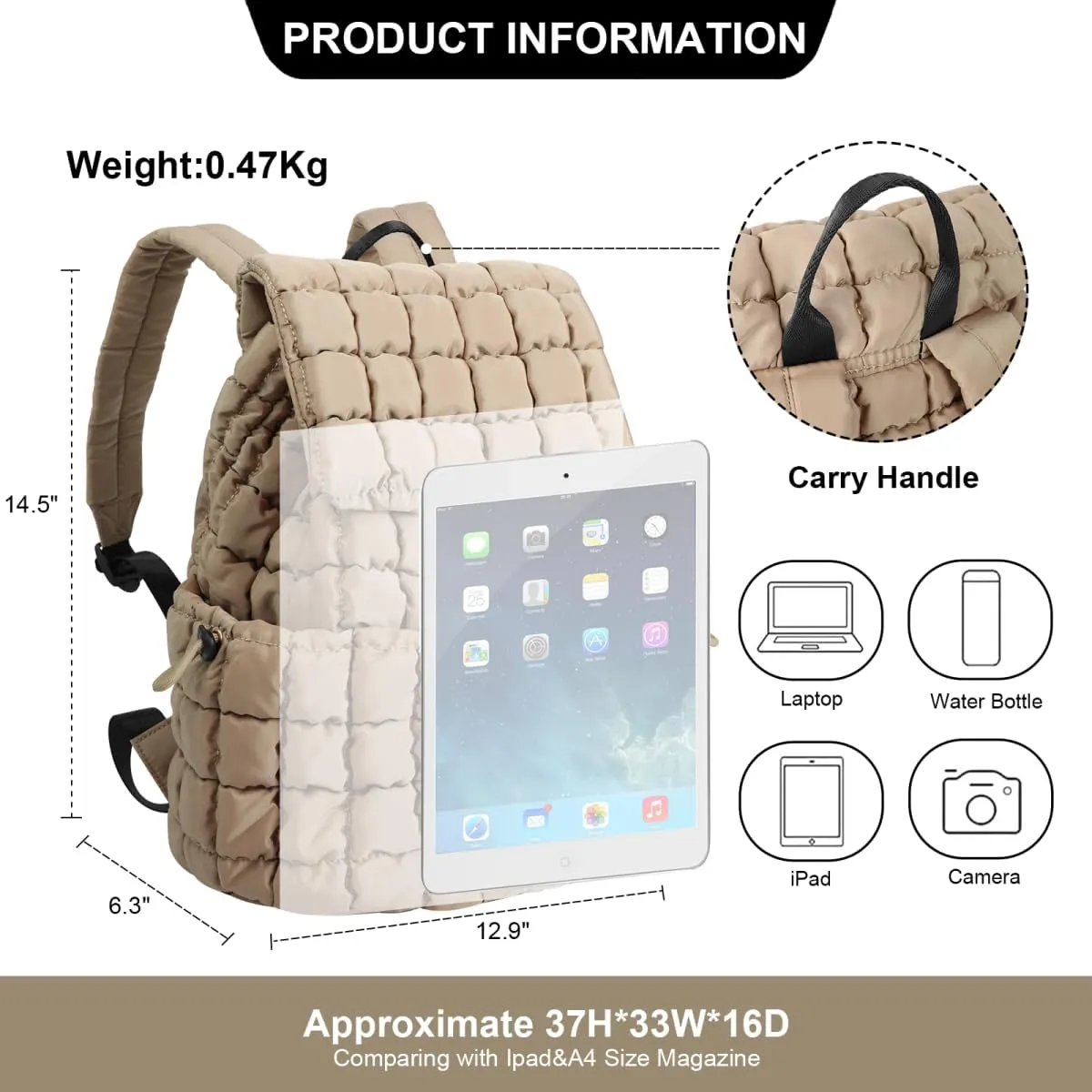 XSUIOY Quilted Backpack Purse for Women Small Lightweight Puffer Puffy College Laptop Backpack Nylon Casual Bookbag Daypack Top Flap Drawstring Padding Hiker Travel Gym Backpack(Khaki)