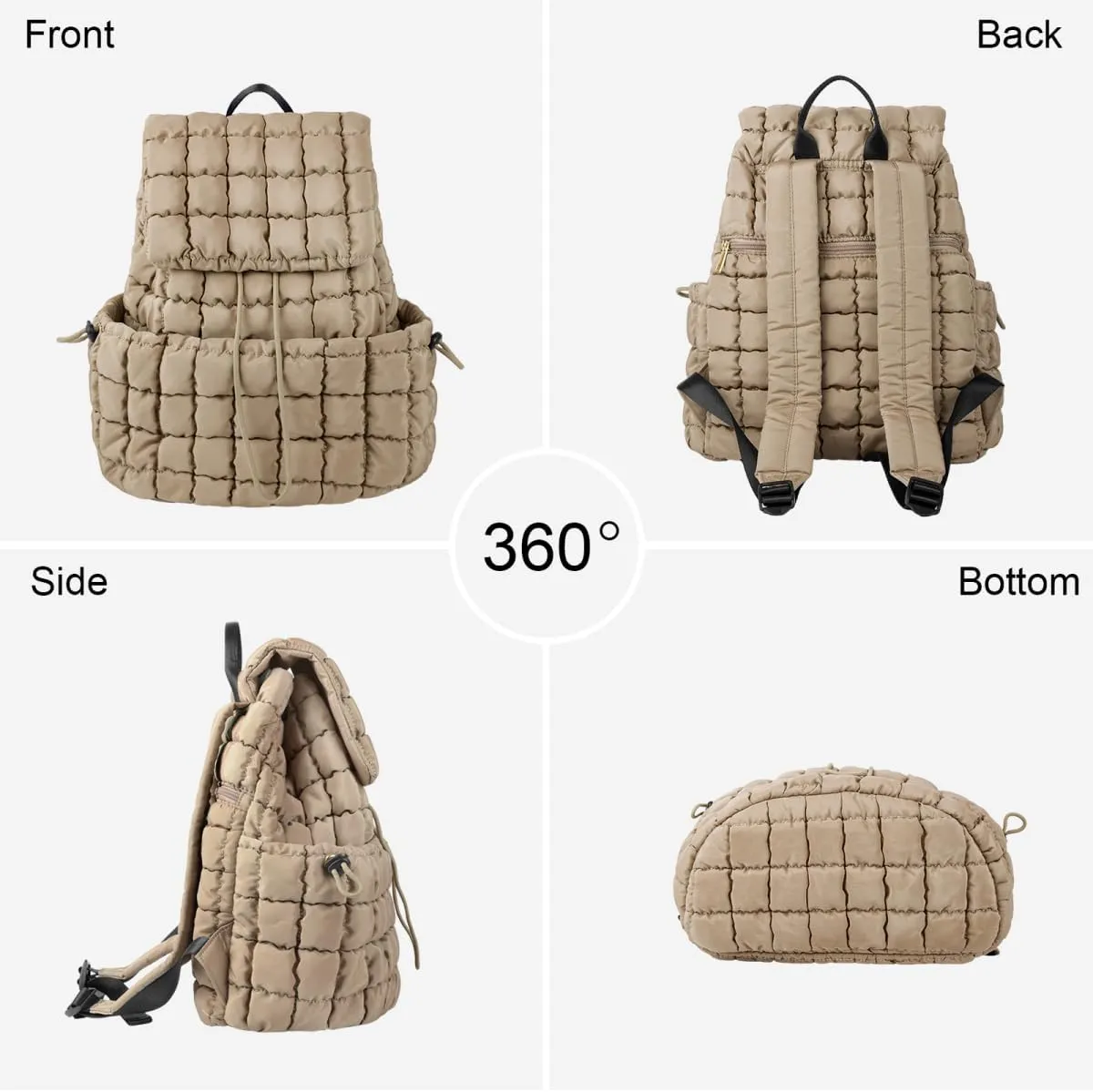 XSUIOY Quilted Backpack Purse for Women Small Lightweight Puffer Puffy College Laptop Backpack Nylon Casual Bookbag Daypack Top Flap Drawstring Padding Hiker Travel Gym Backpack(Khaki)