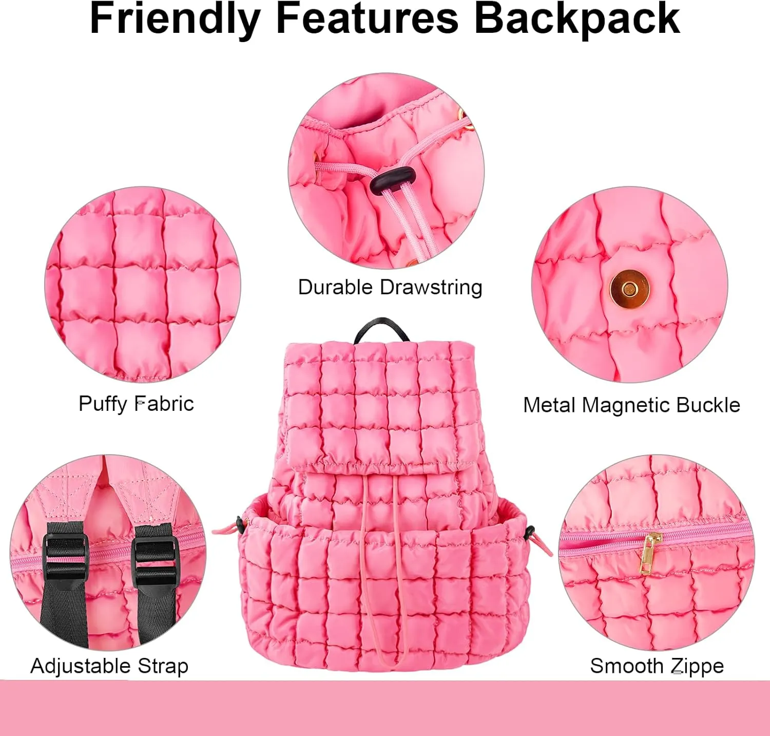XSUIOY Quilted Backpack Purse for Women Small Lightweight Puffer Puffy College Laptop Backpack Nylon Casual Bookbag Daypack Top Flap Drawstring Padding Hiker Travel Gym Backpack(Pink)