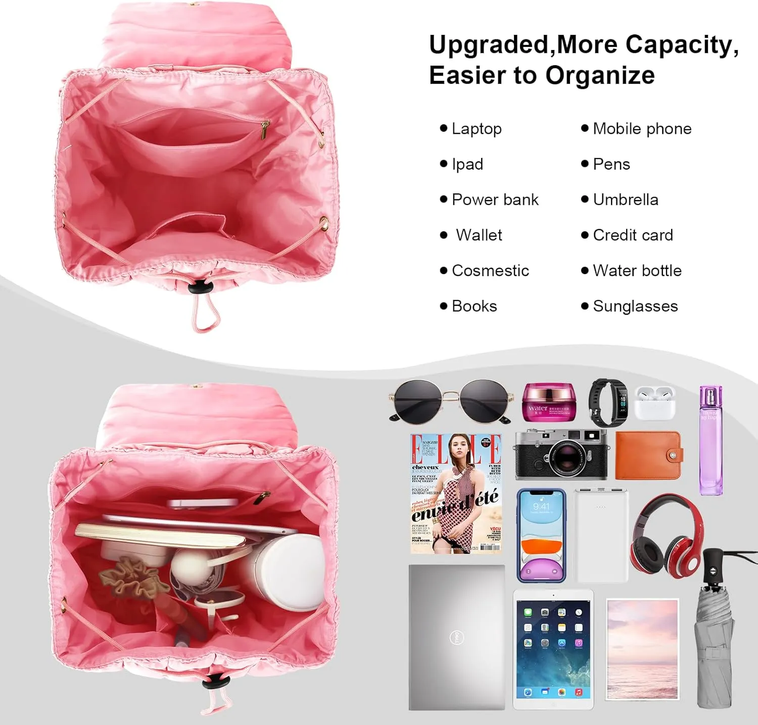 XSUIOY Quilted Backpack Purse for Women Small Lightweight Puffer Puffy College Laptop Backpack Nylon Casual Bookbag Daypack Top Flap Drawstring Padding Hiker Travel Gym Backpack(Pink)