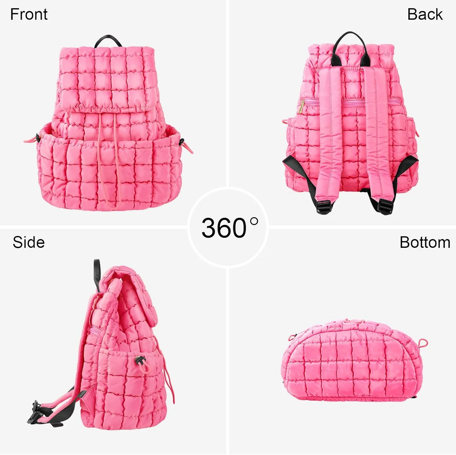 XSUIOY Quilted Backpack Purse for Women Small Lightweight Puffer Puffy College Laptop Backpack Nylon Casual Bookbag Daypack Top Flap Drawstring Padding Hiker Travel Gym Backpack(Pink)