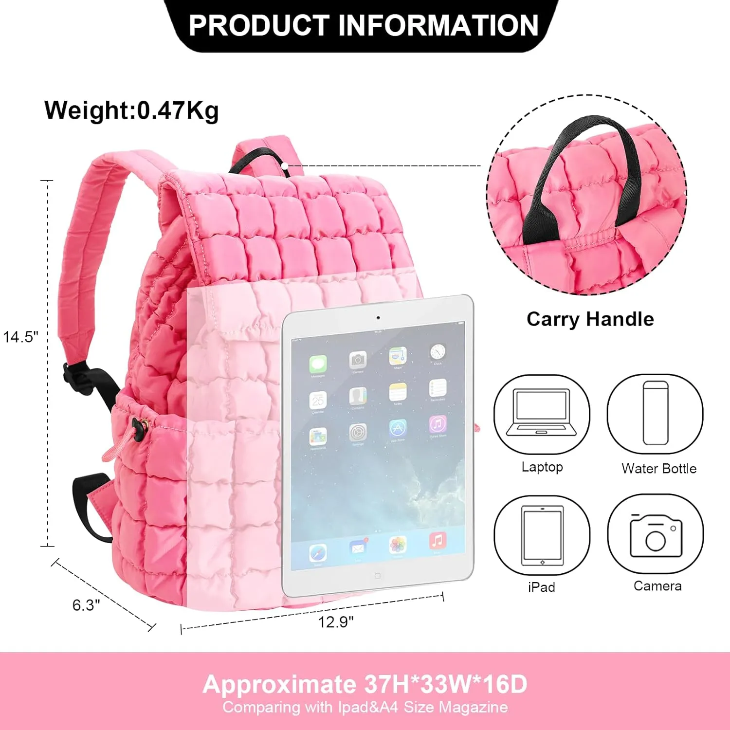XSUIOY Quilted Backpack Purse for Women Small Lightweight Puffer Puffy College Laptop Backpack Nylon Casual Bookbag Daypack Top Flap Drawstring Padding Hiker Travel Gym Backpack(Pink)