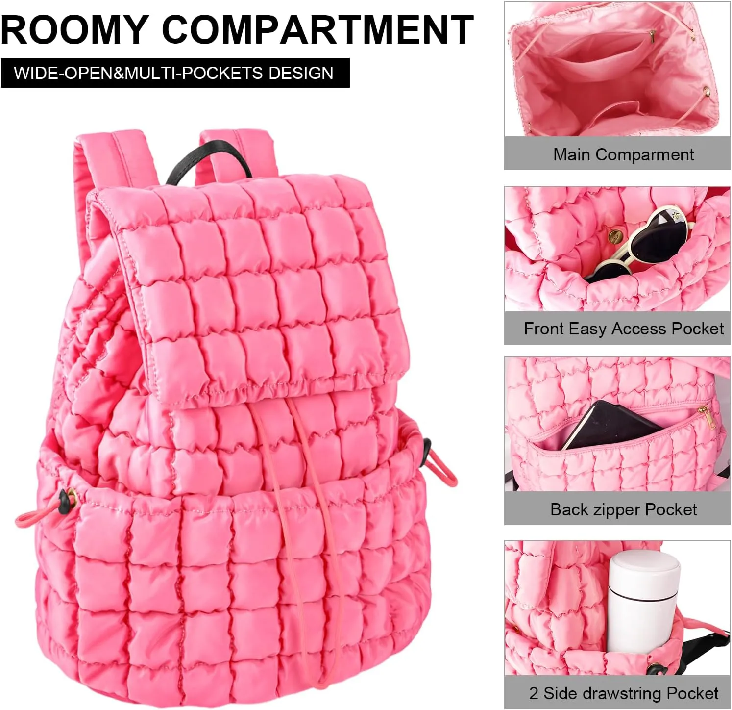 XSUIOY Quilted Backpack Purse for Women Small Lightweight Puffer Puffy College Laptop Backpack Nylon Casual Bookbag Daypack Top Flap Drawstring Padding Hiker Travel Gym Backpack(Pink)