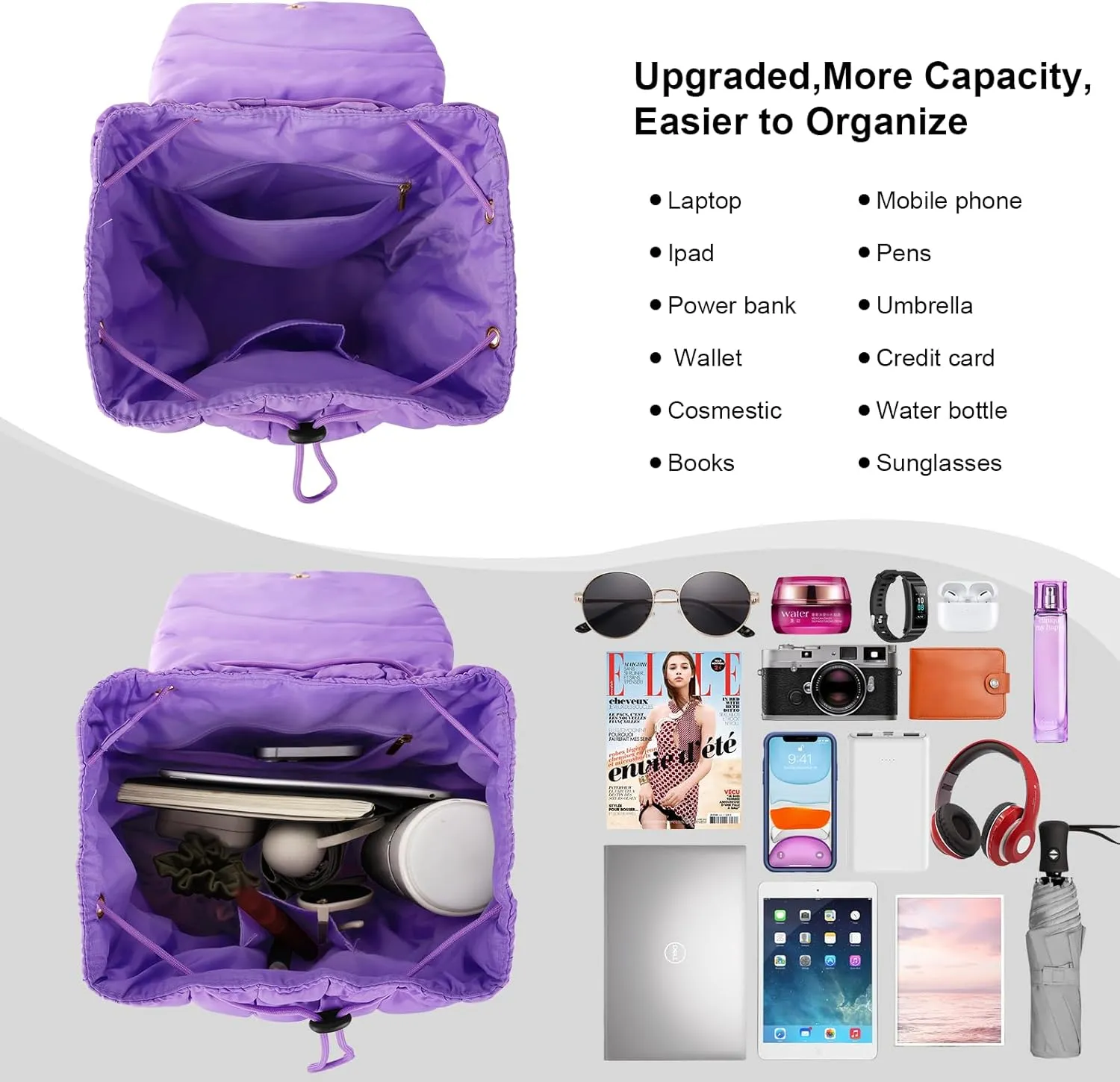 XSUIOY Quilted Backpack Purse for Women Small Lightweight Puffer Puffy College Laptop Backpack Nylon Casual Bookbag Daypack Top Flap Drawstring Padding Hiker Travel Gym Backpack(Purple)